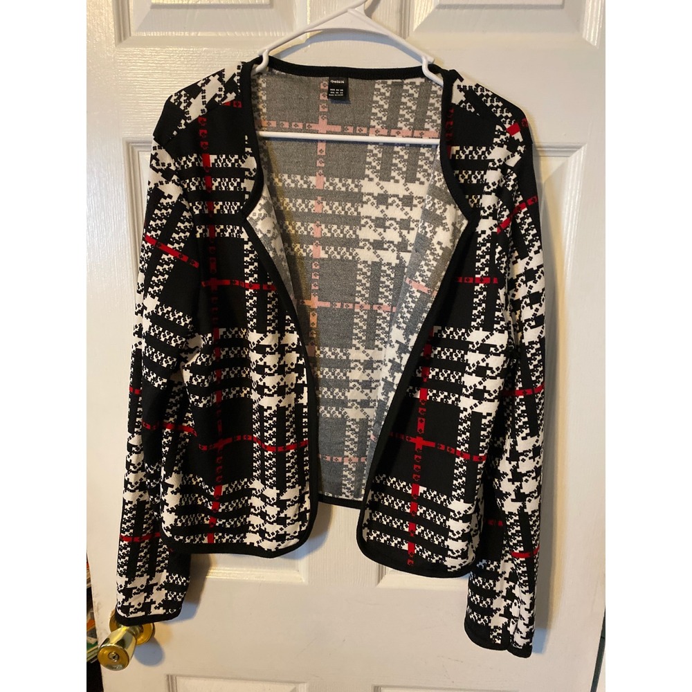 Ranlege Plaid Houndstooth Open Front Cardigan Sweater Black White Red XXL 14
